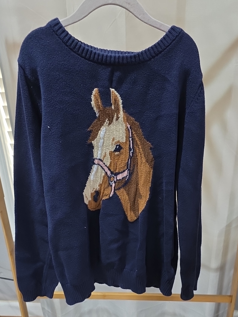 Girls' Navy Horse-Front Sweater - Cozy Knit Top